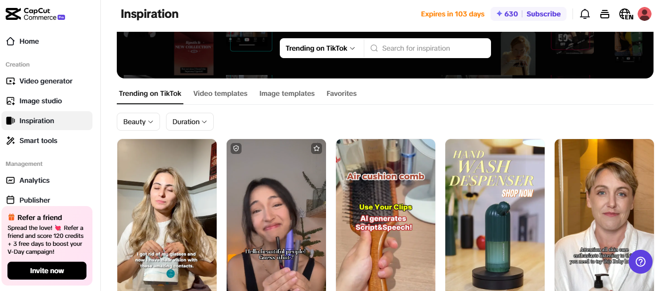 Pippit Inspiration page featuring trending TikTok templates for video marketing and eCommerce SEO.